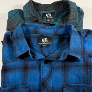 Lot of 2 Rock Republic Men Flannel Plaid Shirt green blue L/Sleeve Button Up Med